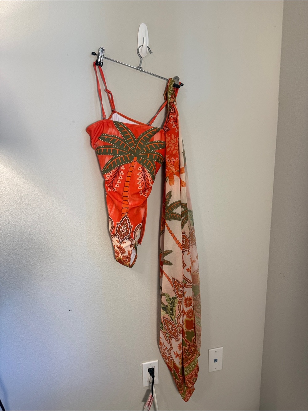 Flaxmaker medium Orange Tropical Print One-Piece Swimsuit with Sarong